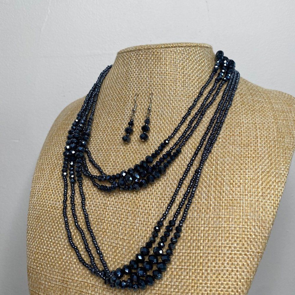 Dark Blue Multilayer Beaded Necklace & Dangle Earring Set